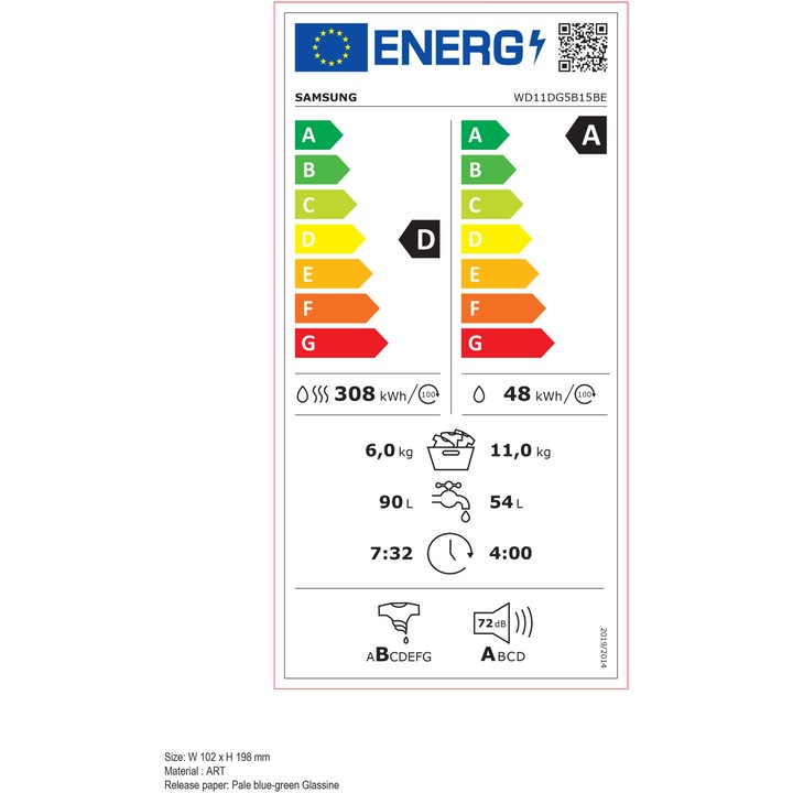 Masina de spalat rufe cu uscator Samsung WD11DG5B15BELE, Spalare 11 kg, Uscare 6 kg, 1400 RPM, Clasa D, AI Ecobubble, WiFi, Alb