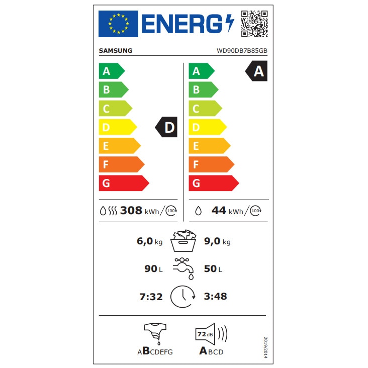 Masina de spalat rufe cu uscator Samsung Bespoke AI WD90DB7B85GBU4, Spalare 9 kg, Uscare 6 kg, 1400 RPM, Clasa D, AI Wash, Auto Dispense, AI Ecobubble, AI Control, Super speed 39 min, WiFi, Negru