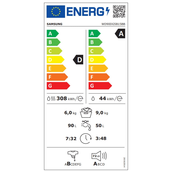 Masina de spalat rufe cu uscator Samsung WD90DG5B15BBLE, Spalare 9 kg, Uscare 6 kg, 1400 RPM, Clasa D, AI Ecobubble, WiFi, Negru