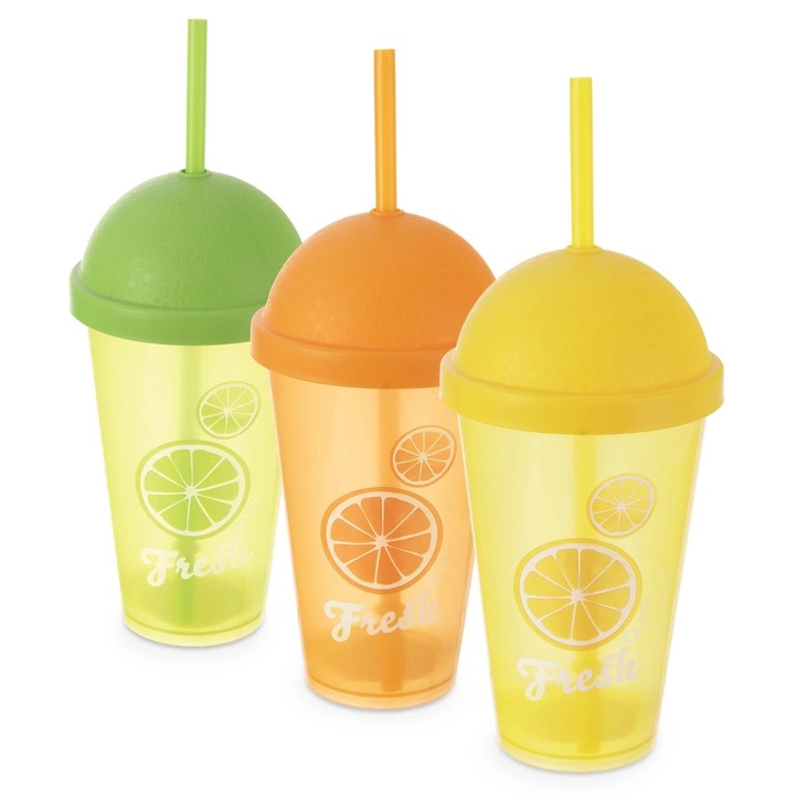 Set 3 cani cu capac si pai, Orion, 450ml, multicolor