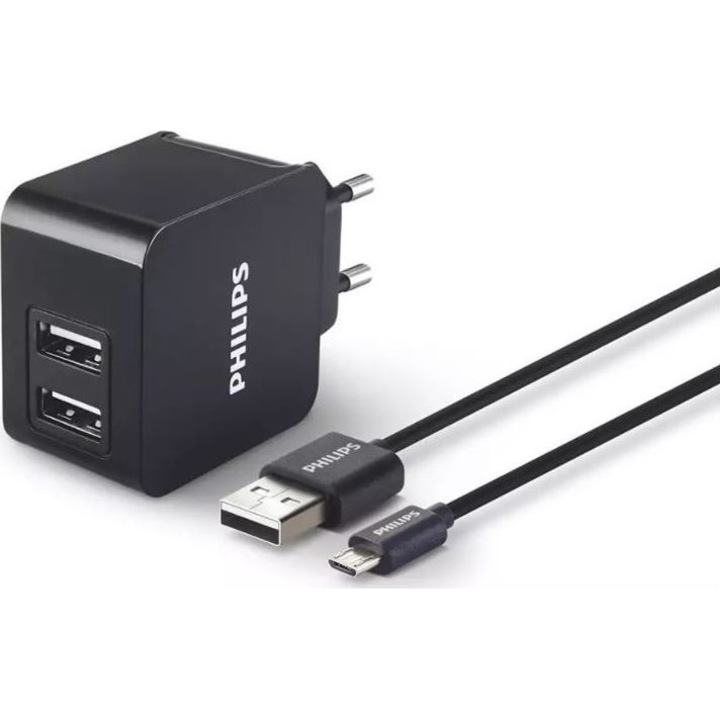 Incarcator, Philips, 2 x USB-A, 3 A, Negru