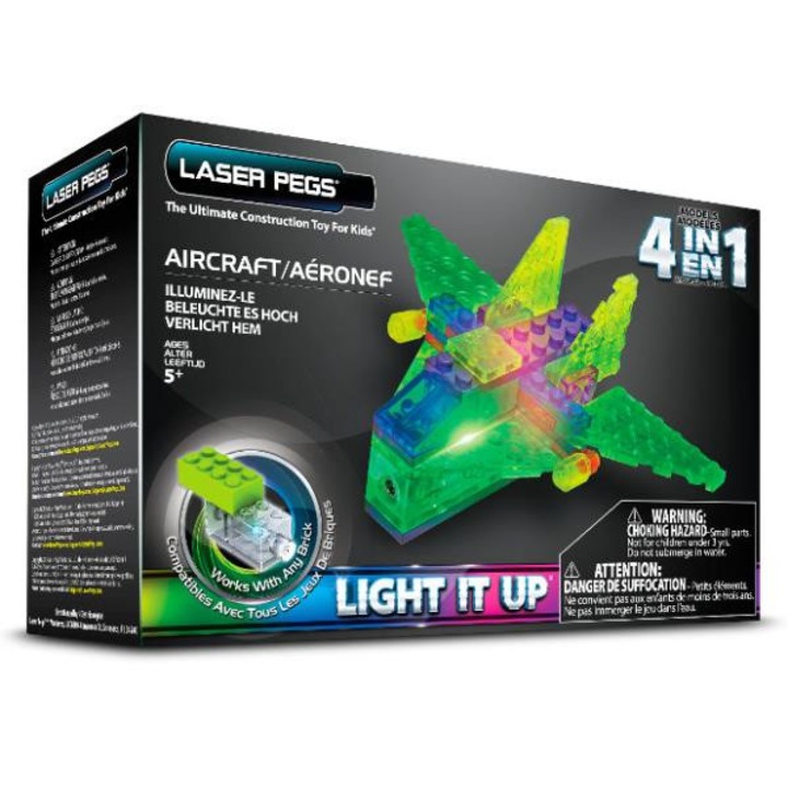 Set de constructie Laser Pegs 4in1 Avion, Bemag, 37 elemente colorate, lumini LED