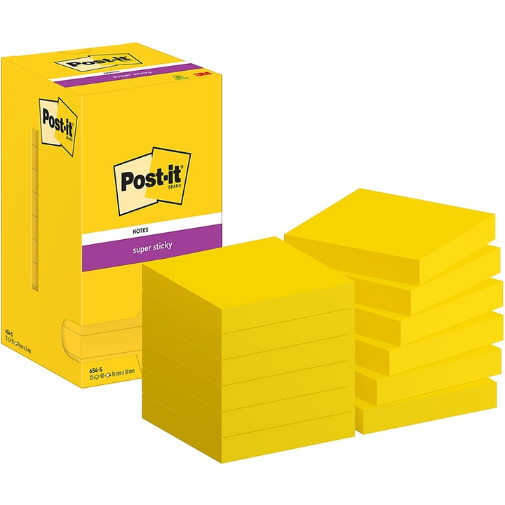 Post-It Super Sticky öntapadó jegyzettömb 76x76mm sárga 12x90 db-os szett