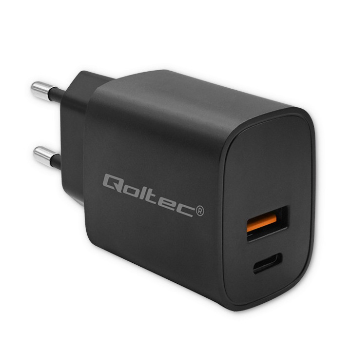 Hálózati töltő, Qoltec, Gan Power Pro, USB-A és USB-C, 30W gyors töltés, Biztonság, Kompakt kialakítás, Fehér