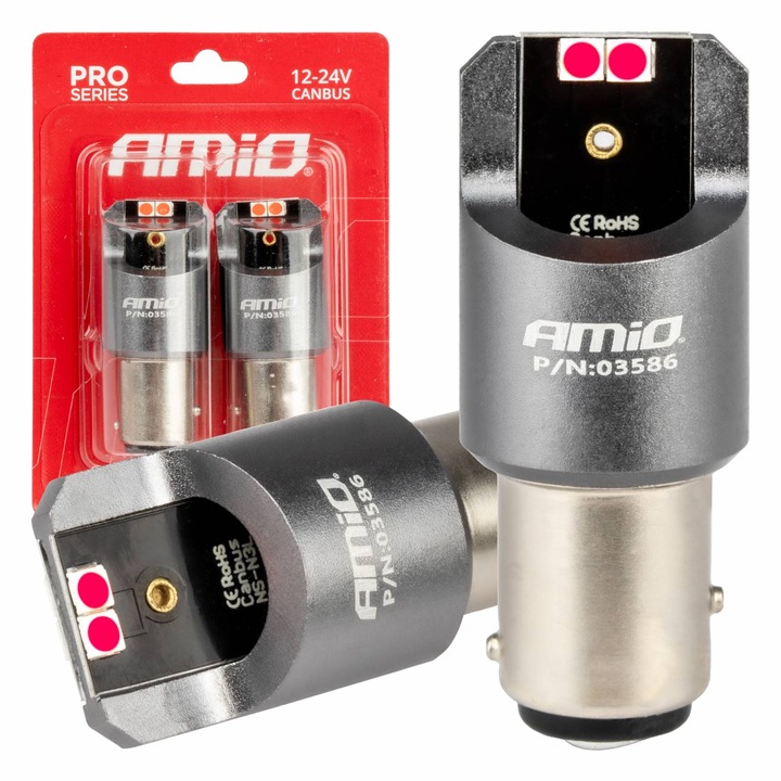 Set 2 becuri LED AMIO P21/5W 12V/24V rosu 4x3030 SMD