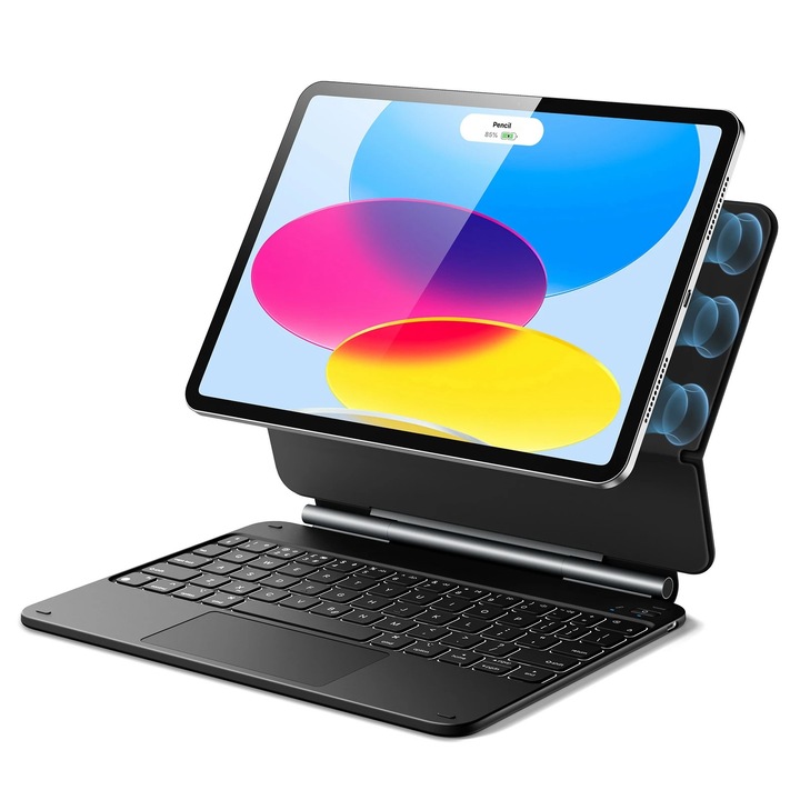 Husa cu tastatura pentru iPad 10 2022, 10.9 inch, Protectie fata-spate, Magnetizata, Suprafata mata, Anti-amprenta, Tastatura RGB wireless, Stand, Anti-soc, Piele vegana, Negru