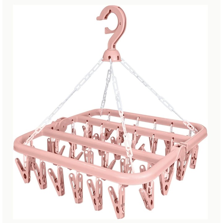 Uscator rufe pliabil cu 32 clipsuri, rotativ, roz