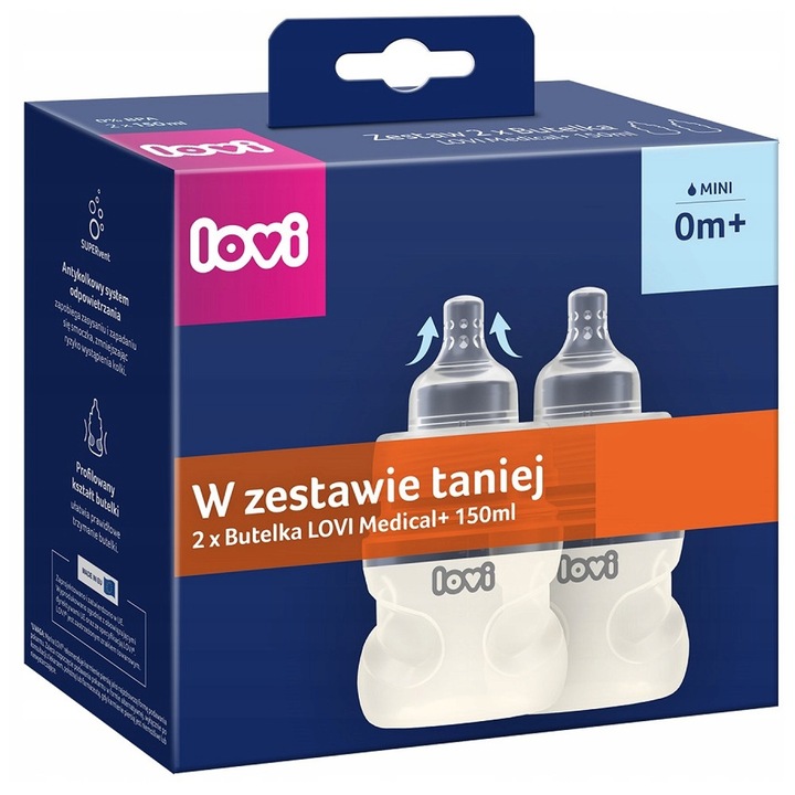 Set 2 biberoane Lovi Medical+, tetina Supervent, 150ml