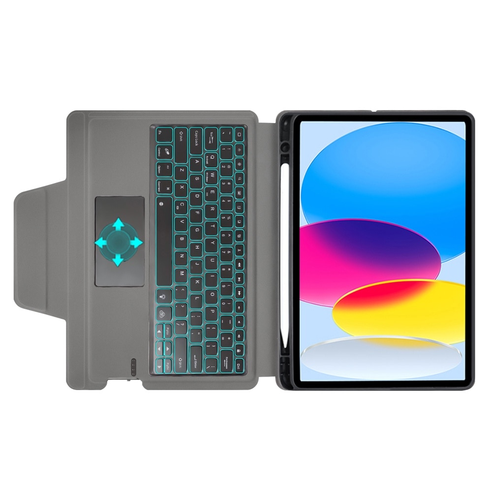 Husa cu tastatura si touchpad pentru Samsung Galaxy Tab S9 FE, Transformare in laptop, Design 2 in 1, Prindere magnetica orizontala sau verticala, Suport pen, Anti-amprenta, Tastatura RGB wireless detasabila, 7 culori, Anti-soc, Piele vegana, Negru