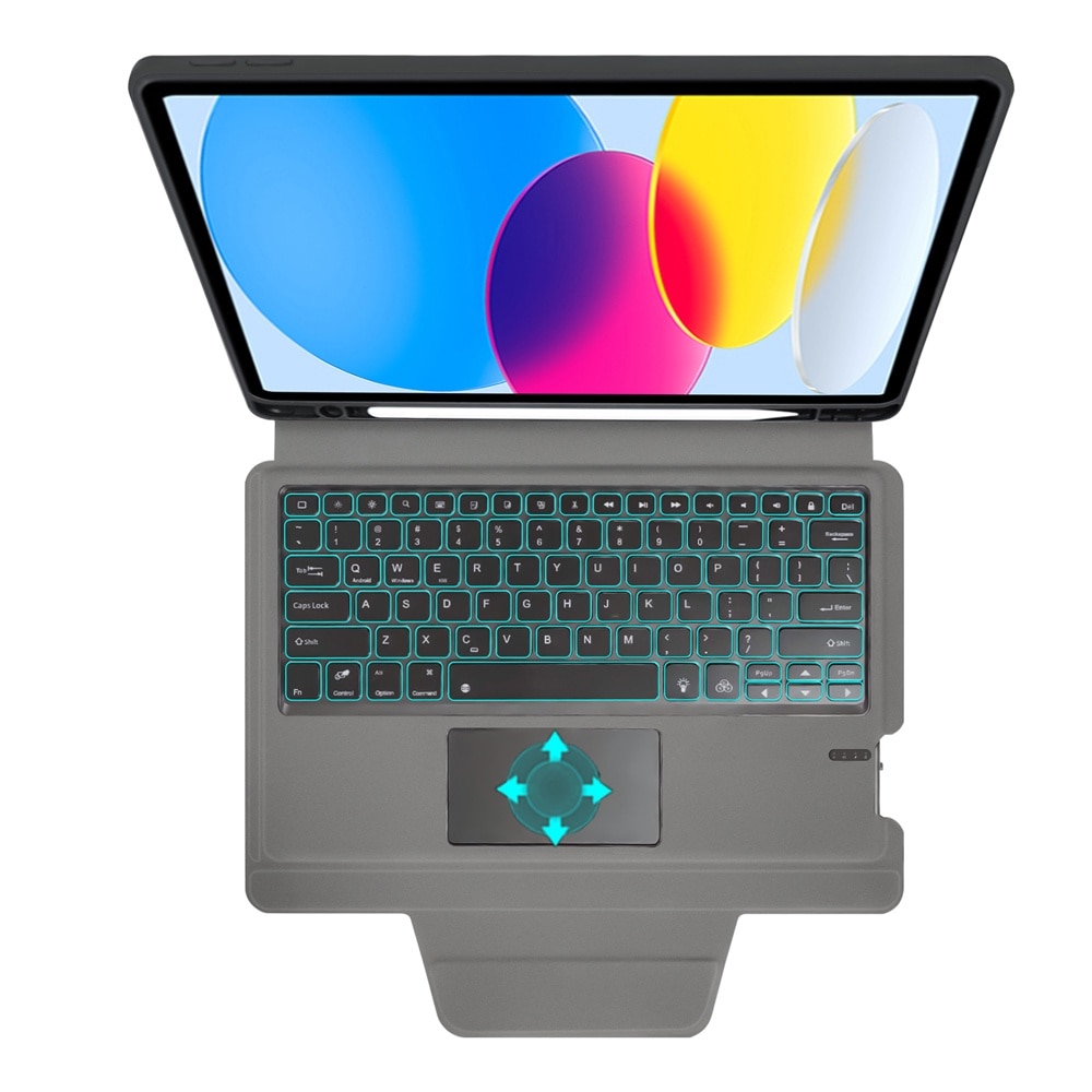 Husa cu tastatura si touchpad pentru Samsung Galaxy Tab S9 FE, Transformare in laptop, Design 2 in 1, Prindere magnetica orizontala sau verticala, Suport pen, Anti-amprenta, Tastatura RGB wireless detasabila, 7 culori, Anti-soc, Piele vegana, Negru