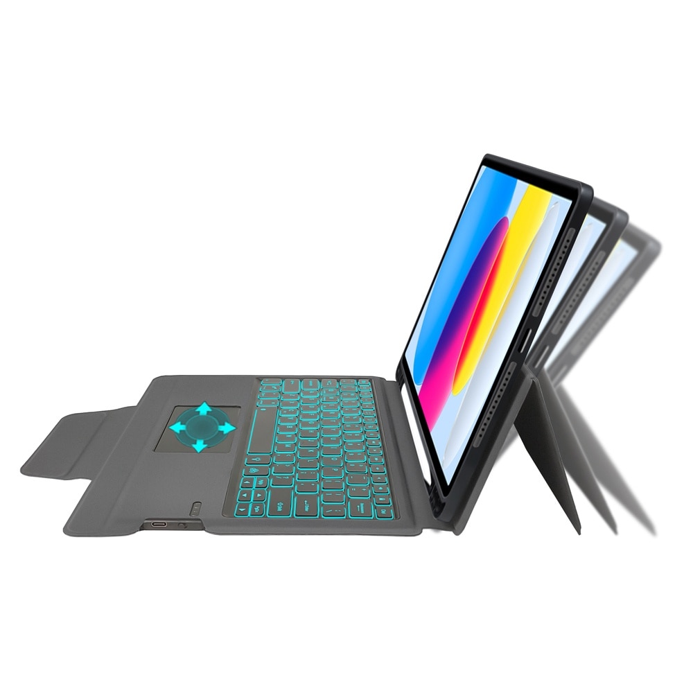 Husa cu tastatura si touchpad pentru Samsung Galaxy Tab S9 FE, Transformare in laptop, Design 2 in 1, Prindere magnetica orizontala sau verticala, Suport pen, Anti-amprenta, Tastatura RGB wireless detasabila, 7 culori, Anti-soc, Piele vegana, Negru