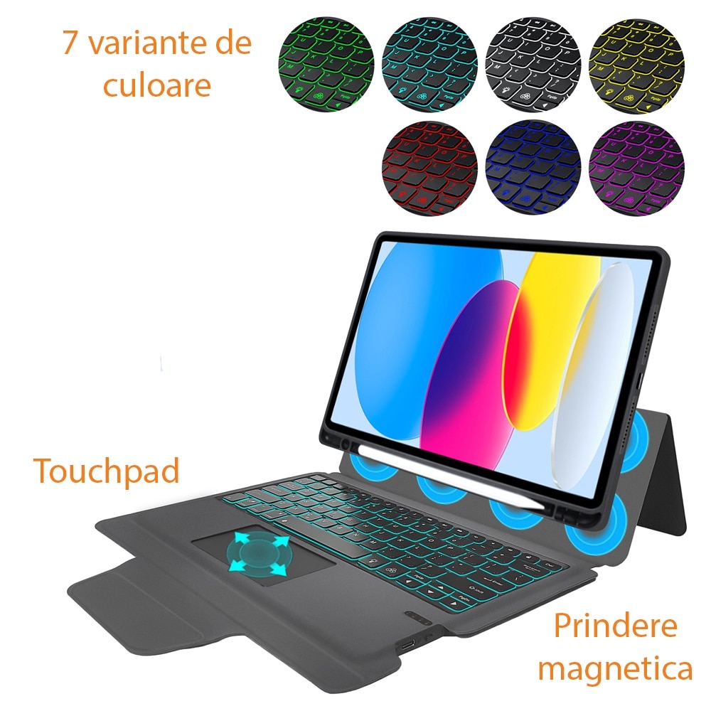Husa cu tastatura si touchpad pentru Samsung Galaxy Tab S9 FE, Transformare in laptop, Design 2 in 1, Prindere magnetica orizontala sau verticala, Suport pen, Anti-amprenta, Tastatura RGB wireless detasabila, 7 culori, Anti-soc, Piele vegana, Negru