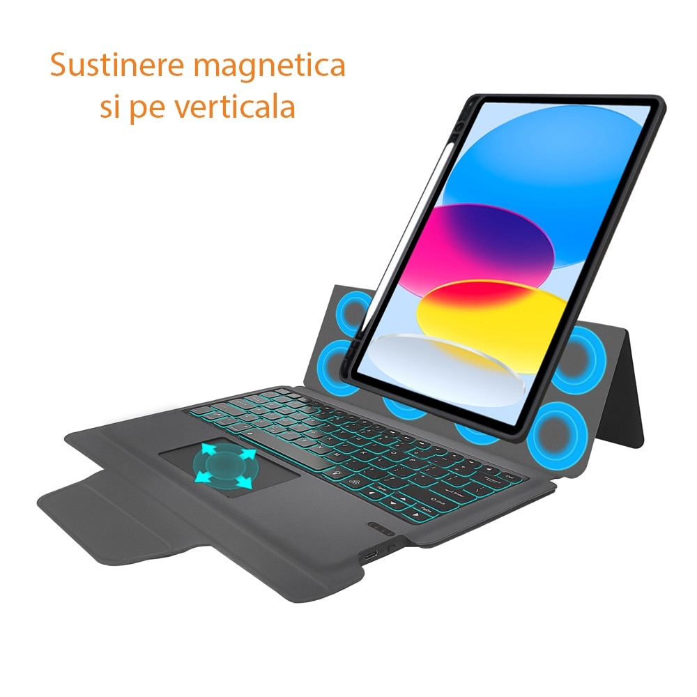 Husa cu tastatura si touchpad pentru Samsung Galaxy Tab S9 FE, Transformare in laptop, Design 2 in 1, Prindere magnetica orizontala sau verticala, Suport pen, Anti-amprenta, Tastatura RGB wireless detasabila, 7 culori, Anti-soc, Piele vegana, Negru