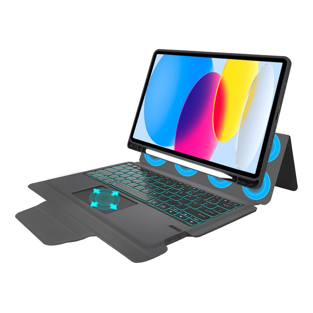 Husa cu tastatura si touchpad pentru Samsung Galaxy Tab S9 FE, Transformare in laptop, Design 2 in 1, Prindere magnetica orizontala sau verticala, Suport pen, Anti-amprenta, Tastatura RGB wireless detasabila, 7 culori, Anti-soc, Piele vegana, Negru