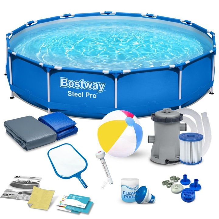 Басейн за градина Bestway с рамка, кръгъл, 366x76 см, с аксесоари, PVC, син