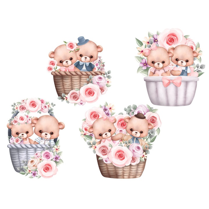 Sticker decorativ, Ursuleti draguti in cos cu flori, 12548ST-4
