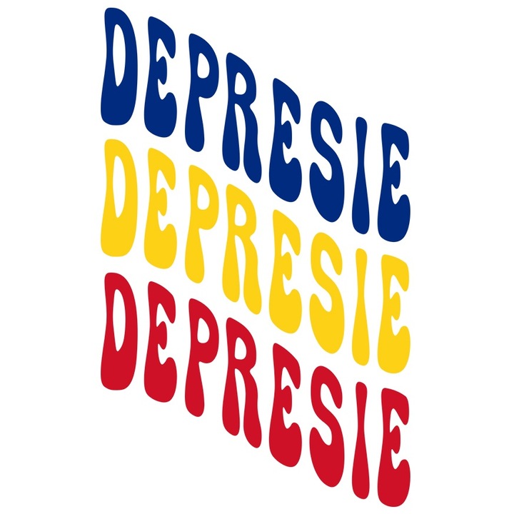 Sticker Cuvantul Depresie, in Culorile Steagului Romaniei, Rosu, Galben, Albastru, Text Motivational, Self Care cu Margini Albe, PVC Vinyl 23 cm
