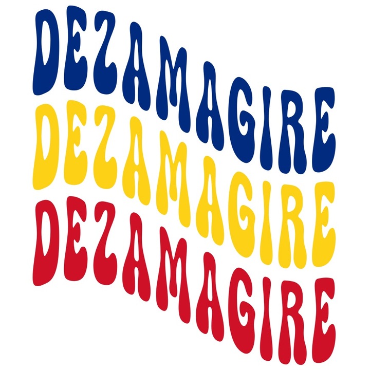 Sticker Cuvantul Dezamagire, in Culorile Steagului Romaniei, Rosu, Galben, Albastru, Text Motivational, Self Care cu Margini Albe, PVC Vinyl 23 cm