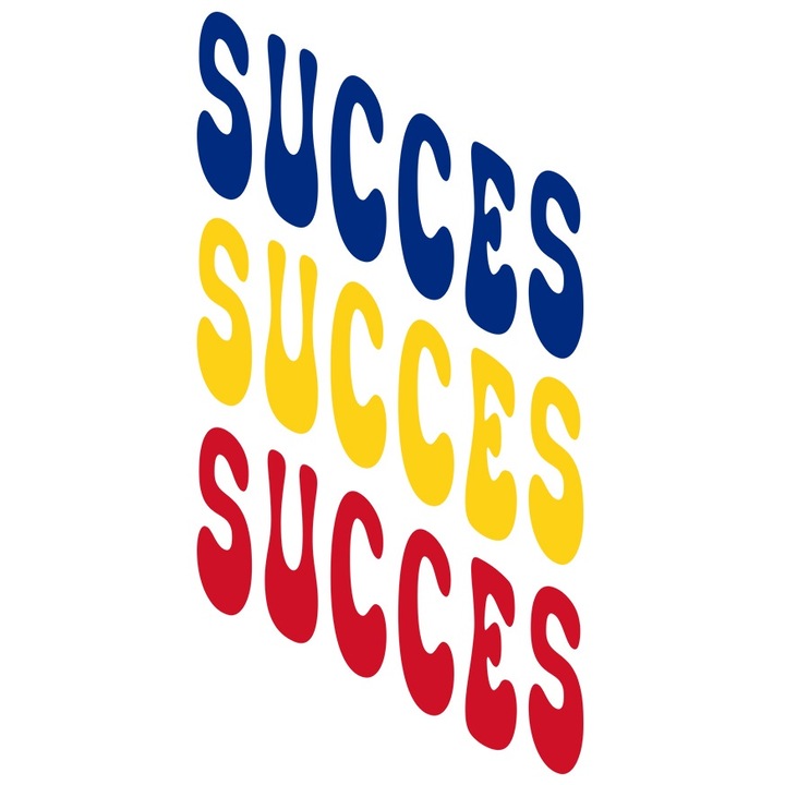 Sticker Cuvantul Succes, in Culorile Steagului Romaniei, Rosu, Galben, Albastru, Text Motivational, Self Care cu Margini Albe, PVC Vinyl 23 cm