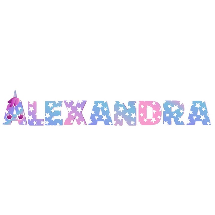 Matrica Név Alexandra, Egyszarvú, Hercegnő, Tündérmese, Aranyos fehér szegéllyel, PVC Vinyl 23 cm