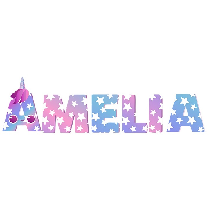 Sticker Cu Numele Amelia, Unicorn, Printesa, Fairytale, Dragut cu Margini Albe, PVC Vinyl 15 cm