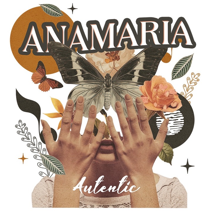 Sticker Cu Numele Anamaria, Colaj Fata, Fluture, Flori, Cerc cu Margini Albe, PVC Vinyl 70 cm