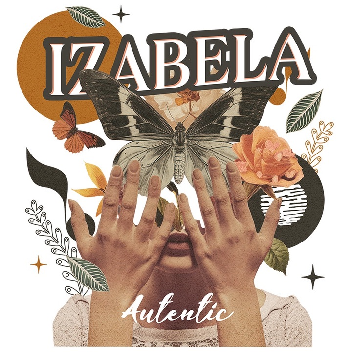 Sticker Cu Numele Izabela, Colaj Fata, Fluture, Flori, Cerc cu Margini Albe, PVC Vinyl 23 cm