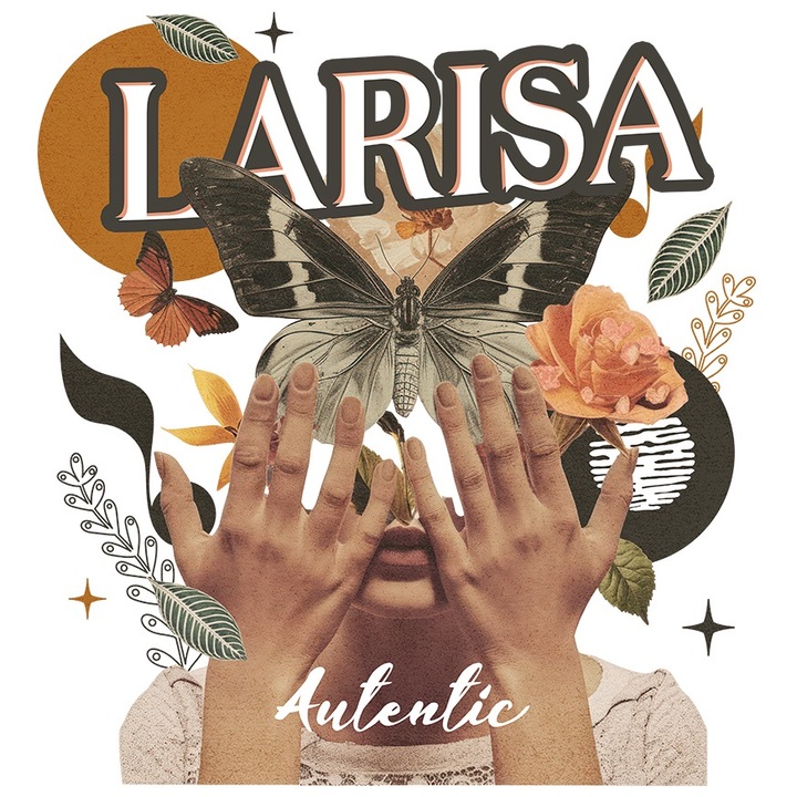 Sticker Cu Numele Larisa, Colaj Fata, Fluture, Flori, Cerc cu Margini Albe, PVC Vinyl 23 cm