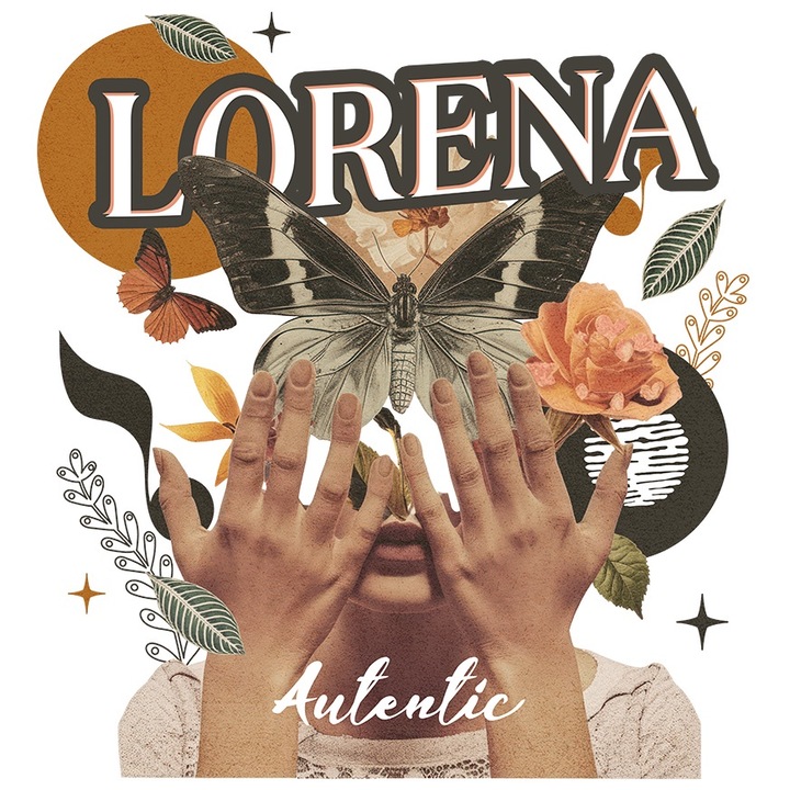 Sticker Cu Numele Lorena, Colaj Fata, Fluture, Flori, Cerc cu Margini Albe, PVC Vinyl 70 cm