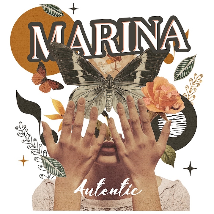 Sticker Cu Numele Marina, Colaj Fata, Fluture, Flori, Cerc cu Margini Albe, PVC Vinyl 70 cm