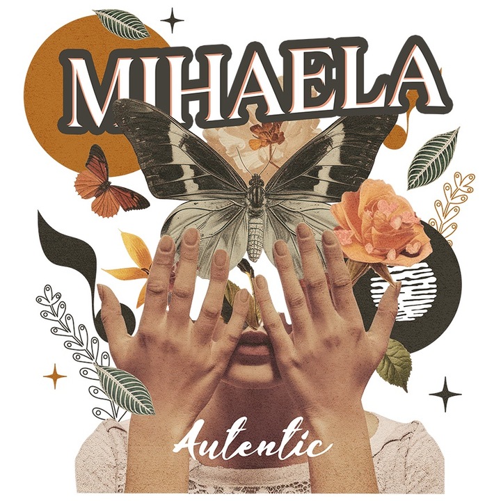 Sticker Cu Numele Mihaela, Colaj Fata, Fluture, Flori, Cerc cu Margini Albe, PVC Vinyl 90 cm