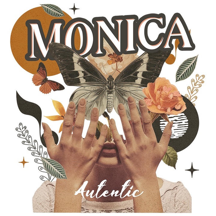 Sticker Cu Numele Monica, Colaj Fata, Fluture, Flori, Cerc cu Margini Albe, PVC Vinyl 23 cm