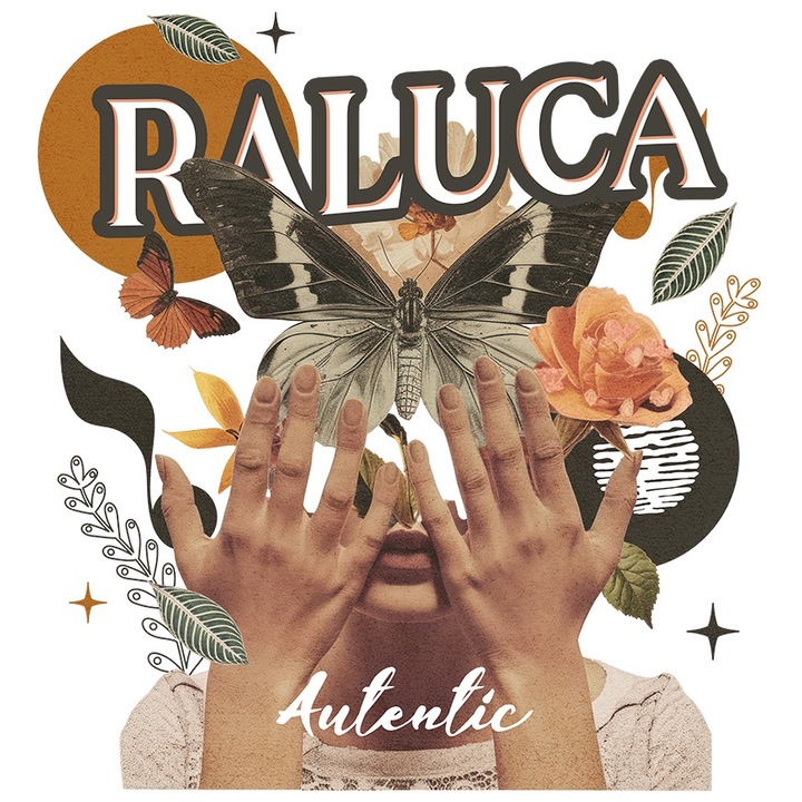 Sticker Cu Numele Raluca, Colaj Fata, Fluture, Flori, Cerc cu Margini Albe, PVC Vinyl 23 cm