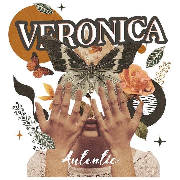 Sticker Cu Numele Veronica, Colaj Fata, Fluture, Flori, Cerc cu Margini Albe, PVC Vinyl 90 cm