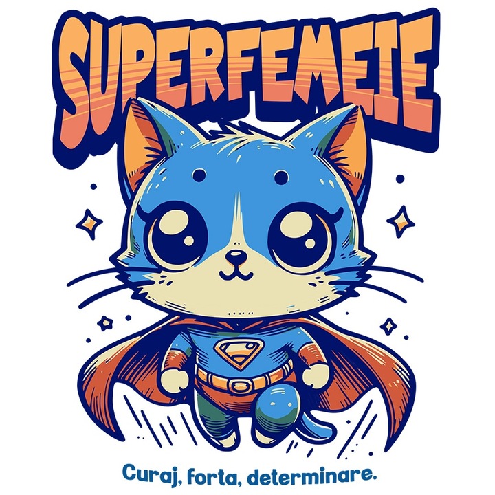 Sticker Super Femeie, SuperErou, Pisica Zburand cu Margini Albe, PVC Vinyl 70 cm