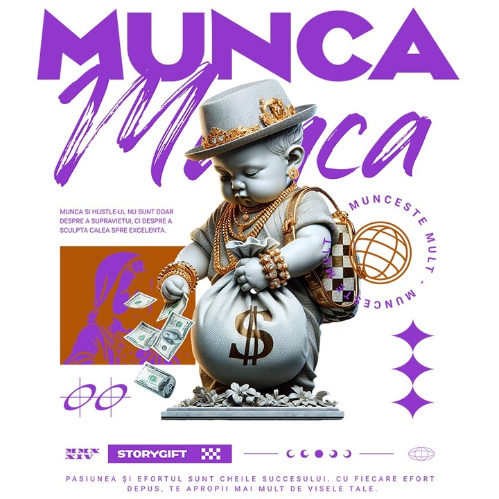 Sticker Statuia Bogata cu O Sacosa de Dolari - Munca cu Margini Albe, PVC Vinyl 40 cm