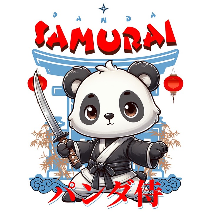 Sticker Panda Samurai cu Margini Albe, PVC Vinyl 40 cm