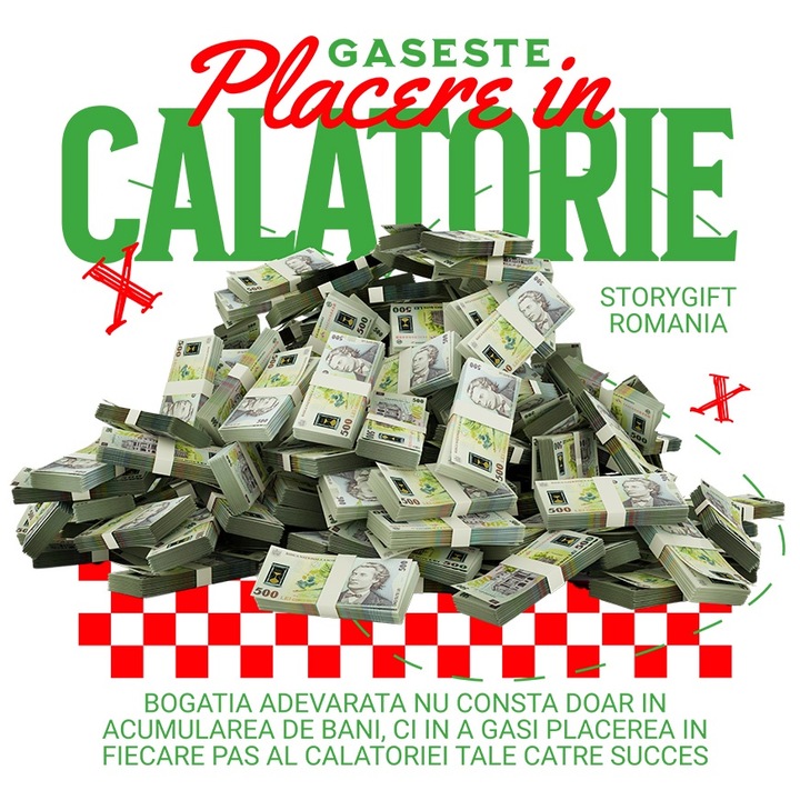 Sticker Drumul Spre Bogatie - Gaseste Placere in Calatorie - Bancnote de Lei Romanesti cu Margini Albe, PVC Vinyl 15 cm