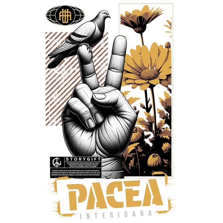 Sticker Pacea Interioara - Semnul Pacii, Porumbel, Flori cu Margini Albe, PVC Vinyl 10 cm