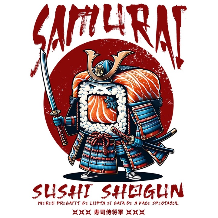 Sticker Samurai Sushi Shogun Retro Japan Mancare Razboinic cu Margini Albe, PVC Vinyl 23 cm