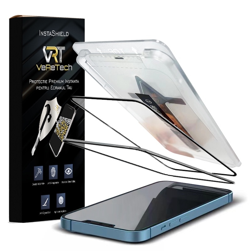 Folie de Protectie Clear, InstaShield by VeReTech pentru iPhone 15 Pro, cu Kit de Aplicare Instanta si Functie Automata de Indepartare a Prafului, din Sticla Securizata 9H+, Ultra Claritate Super HD, Tratament Electronic Oleofobic si Anti Amprente