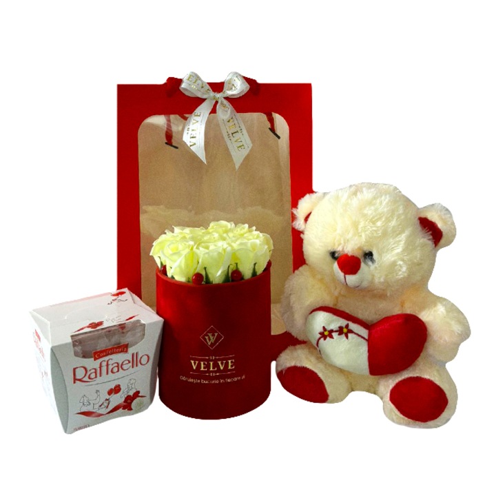 Пакет Bright, аранжировка с 9 фосфоресциращи сапунени рози, плюшено мече, Raffaello и подаръчна опаковка, крем, Velve