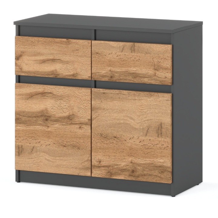 Comoda cu 2 sertare si 2 usi, 80x75x35cm, Culoare Gri Mat Stejar Wotan