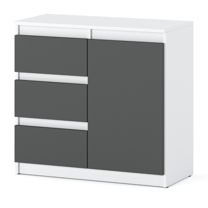 Comoda cu 3 sertare si usi, 80x75x35cm, Culoare Alb Mat Stejar Wotan