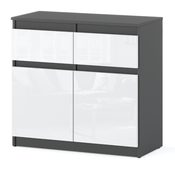 Comoda cu 2 sertare si 2 usi, 80x75x35cm, Culoare Gri Mat Alb Lucios
