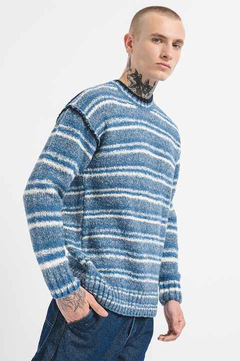 Scotch & Soda, Kerek nyakú gyapjútartalmú csíkos pulóver, Púderkék/Melange kék/Törtfehér, XL