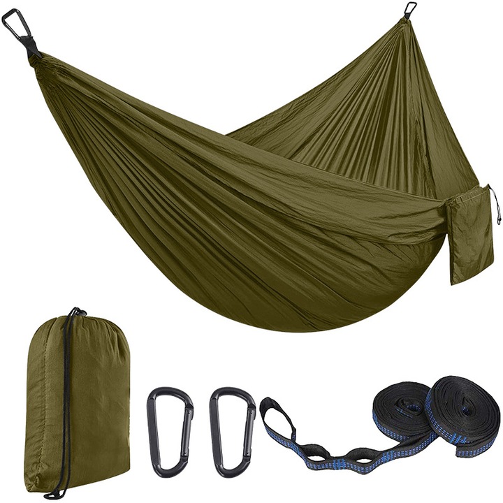 Hamac din panza de parasuta pentru exterior - Hamac de camping din nailon cu curele si carabine pentru copaci, disponibile in mai multe culori