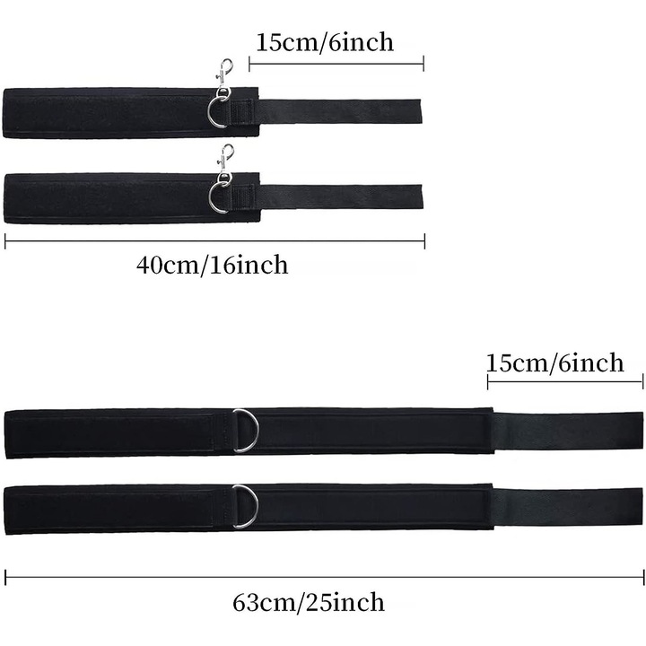 BDSM rögzítő készlet csuklóhoz és combhoz, állítható, fekete