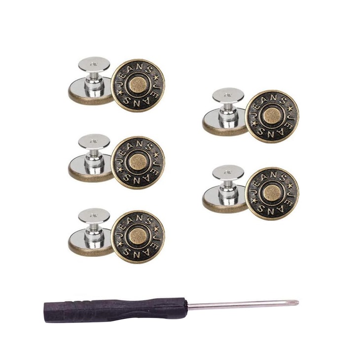 Set 10 nasturi pentru strangerea taliei, SINBINTA, Cu surubelnite, Usor de utilizat, Amovibil, Reutilizabile, Fara unghii, Anti rugina, Pentru blugi, Pantaloni casual si diverse jachete, Cupru, 17mm