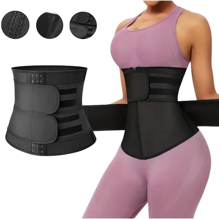 Corset modelator talie, dublu strat, negru, 9 balene din otel, respirabil, XXL